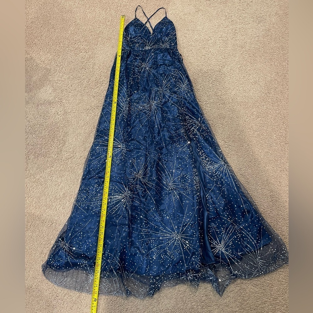 Womens Royal Blue V-neck Glitter Hi-cut Slit Prom Dress - Picture 6 of 11